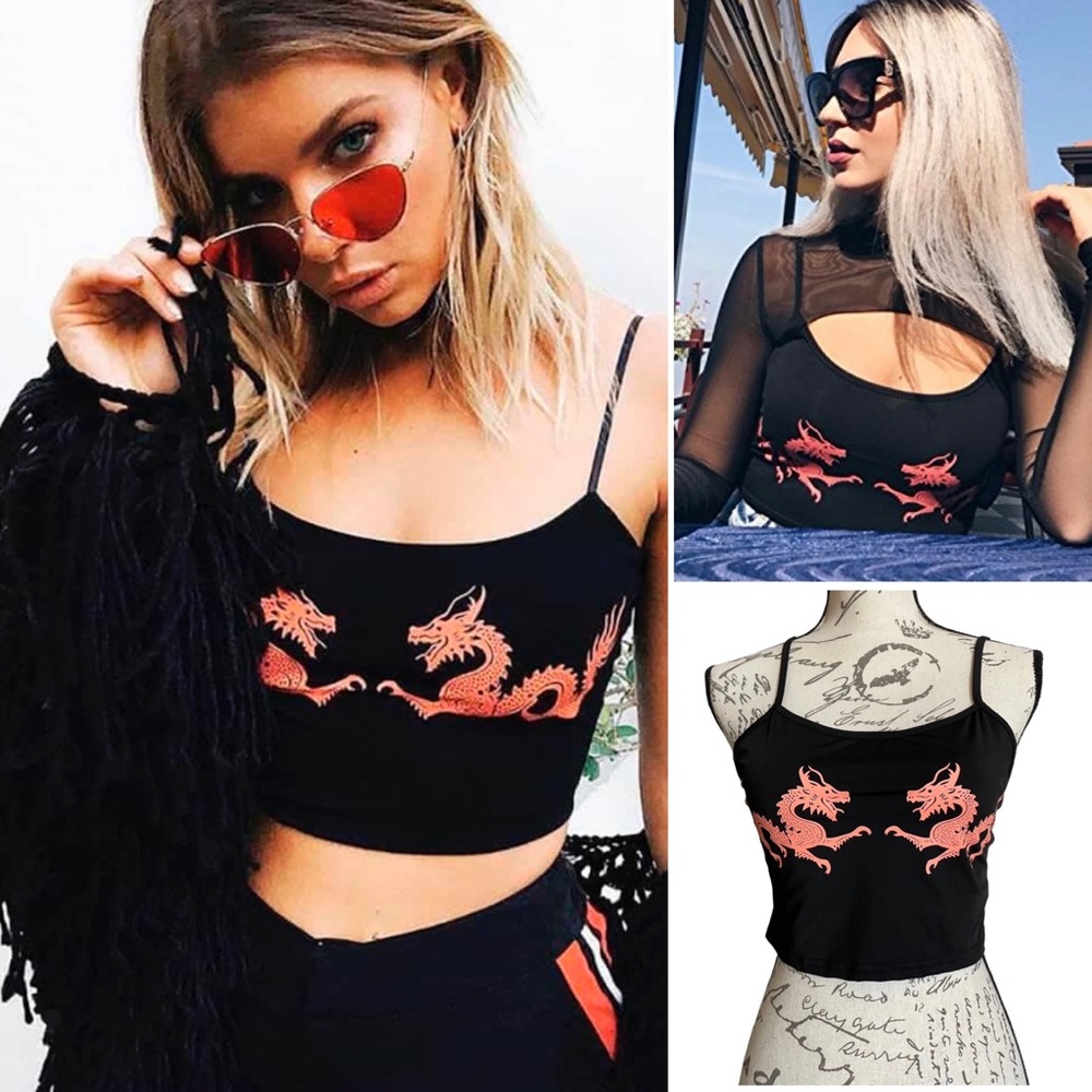Shein Chinese Dragons Print Sleeveless Black Crop Top - S - Picture 1 of 8